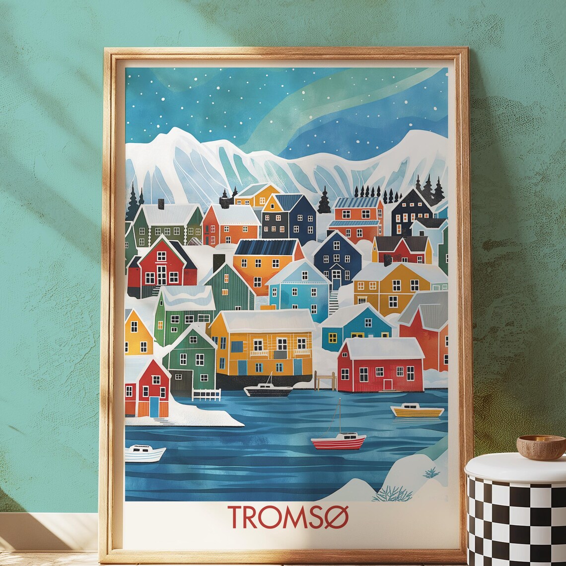 Tromsø Norway Arctic Village Northern Lights Winter Travel Poster
