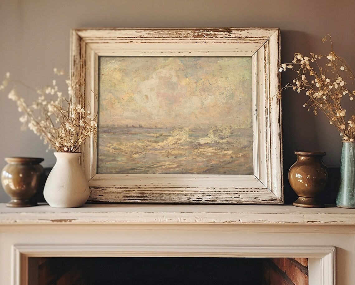 Hazy Pastel Seascape with Distant Sailboats Vintage Oil Poster - Image 2