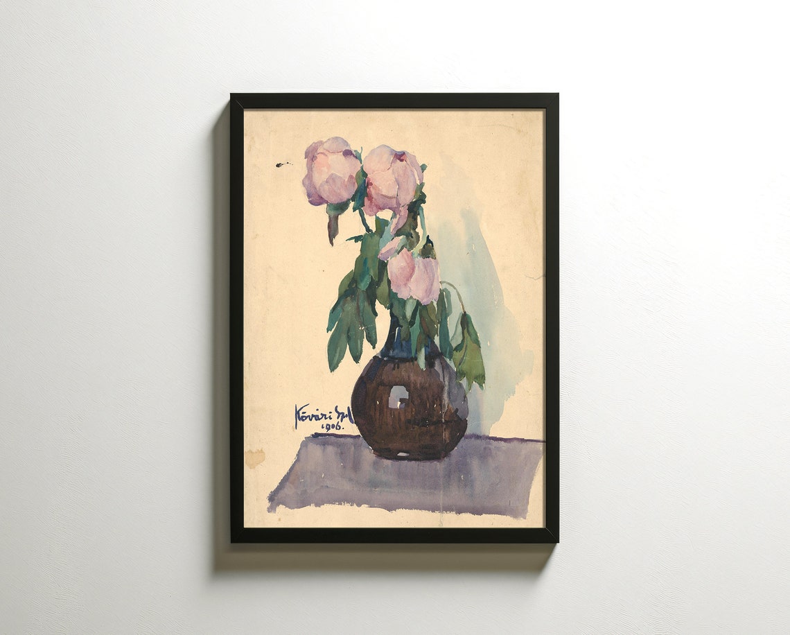 Blush Pink Roses in Dark Vase Vintage Floral Still Life Poster - Image 2