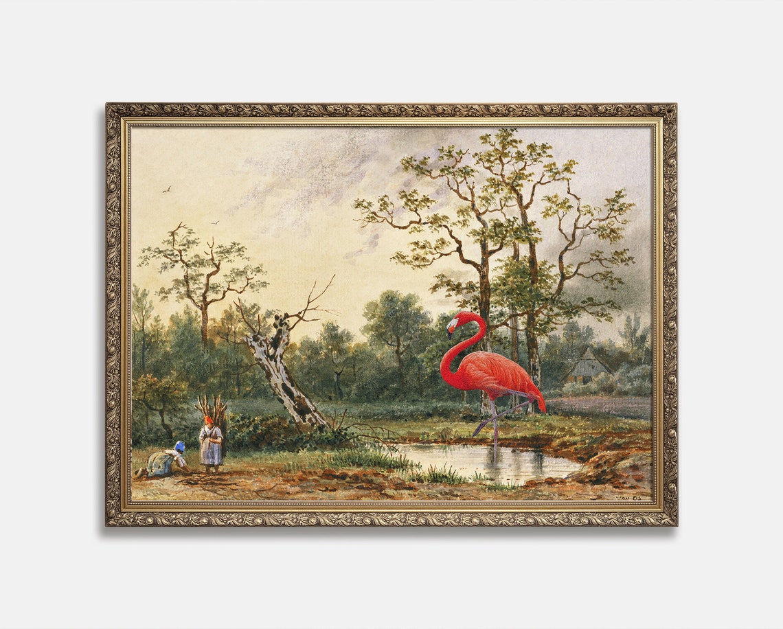 Red Flamingo Pond Vintage Landscape Whimsical Surreal Collage Poster - Image 3