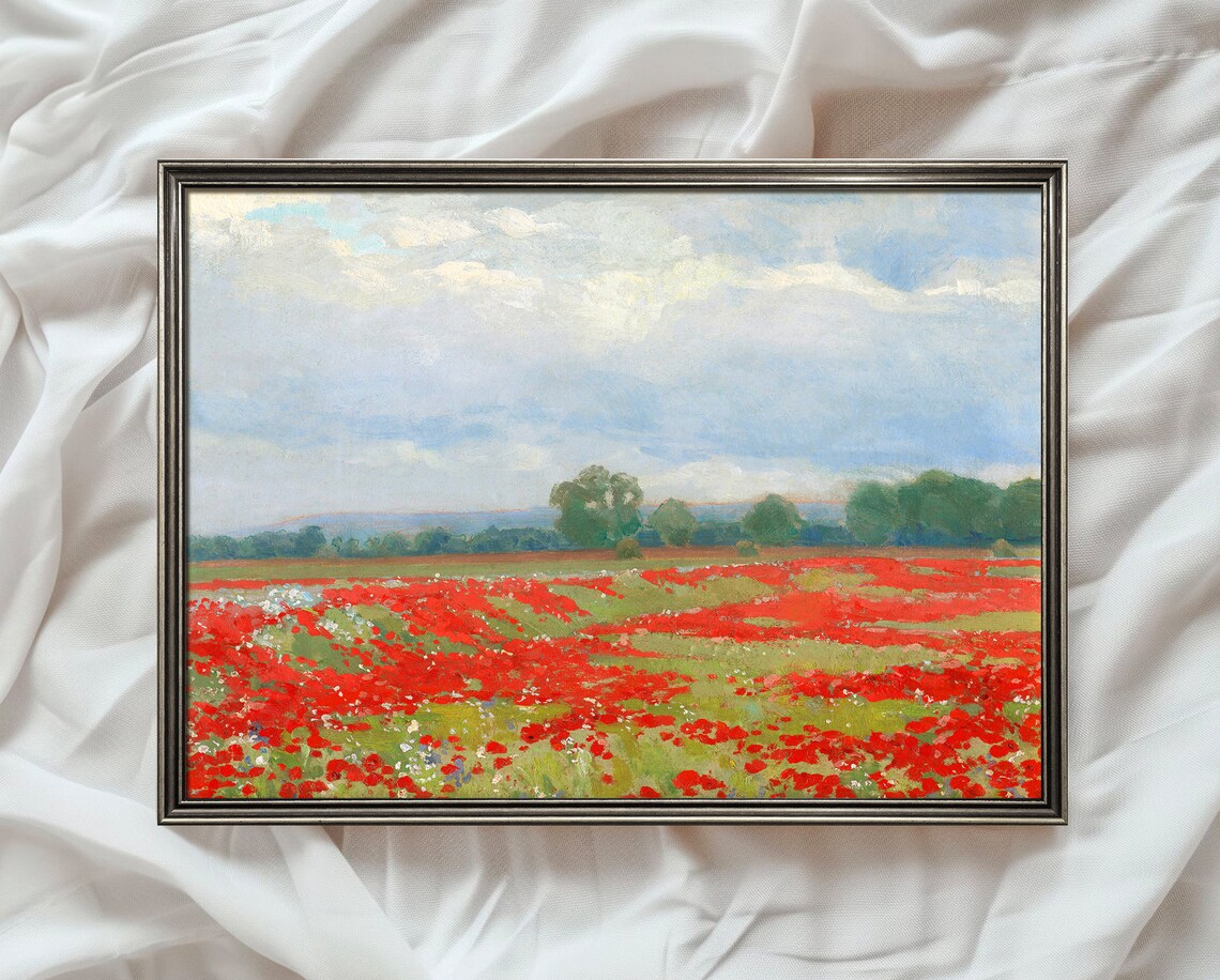 Red Poppy Field Blue Sky Impressionist Landscape Painting Poster - Image 4