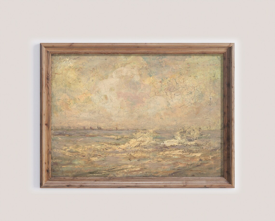 Hazy Pastel Seascape with Distant Sailboats Vintage Oil Poster - Image 3