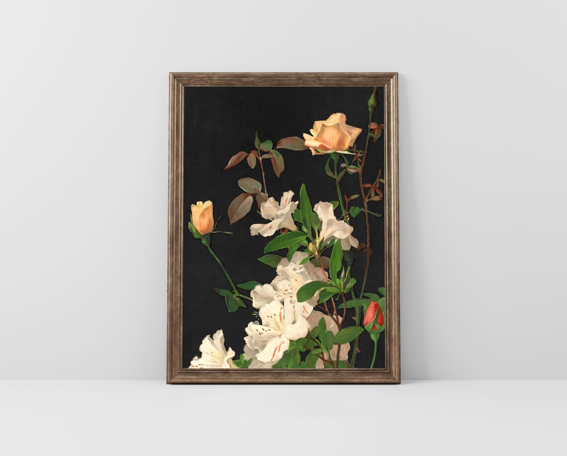 Roses White Lilies Dark Background Vintage Botanical Floral Poster - Image 3