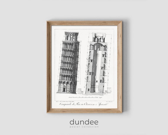 Pisa Bell Tower Elevation Print Leaning Tower Of Pisa Art Print Vintage Architecture Poster Italy Travel Poster