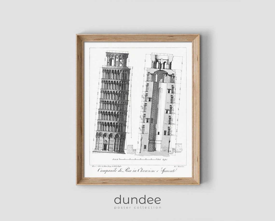 Leaning Tower of Pisa Elevation Vintage Architecture Engraving Poster
