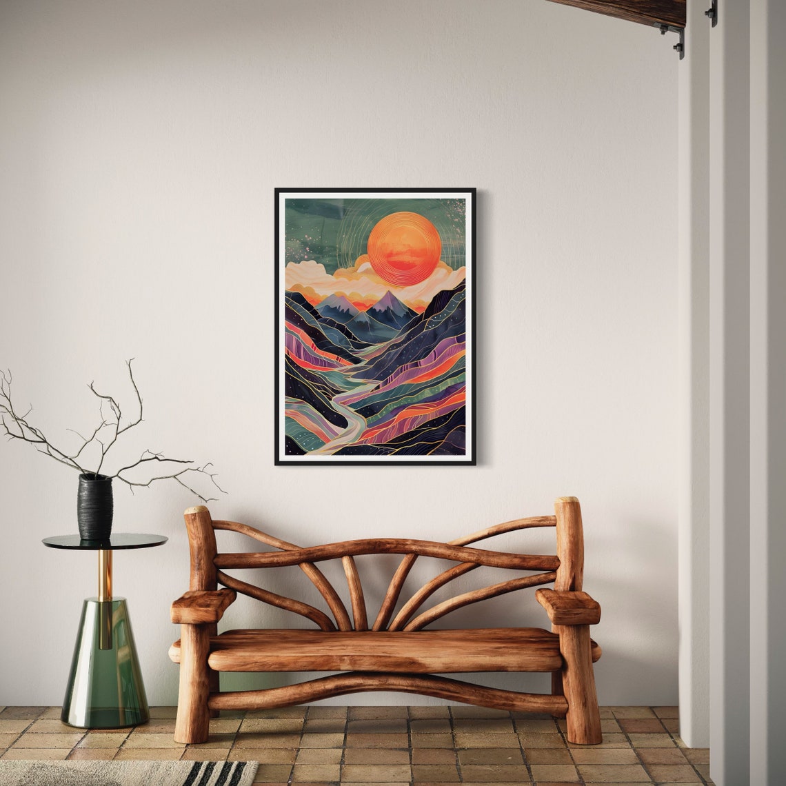 Colorful Mountain Valley Sunset River Gold Line Boho Art Print - Image 3