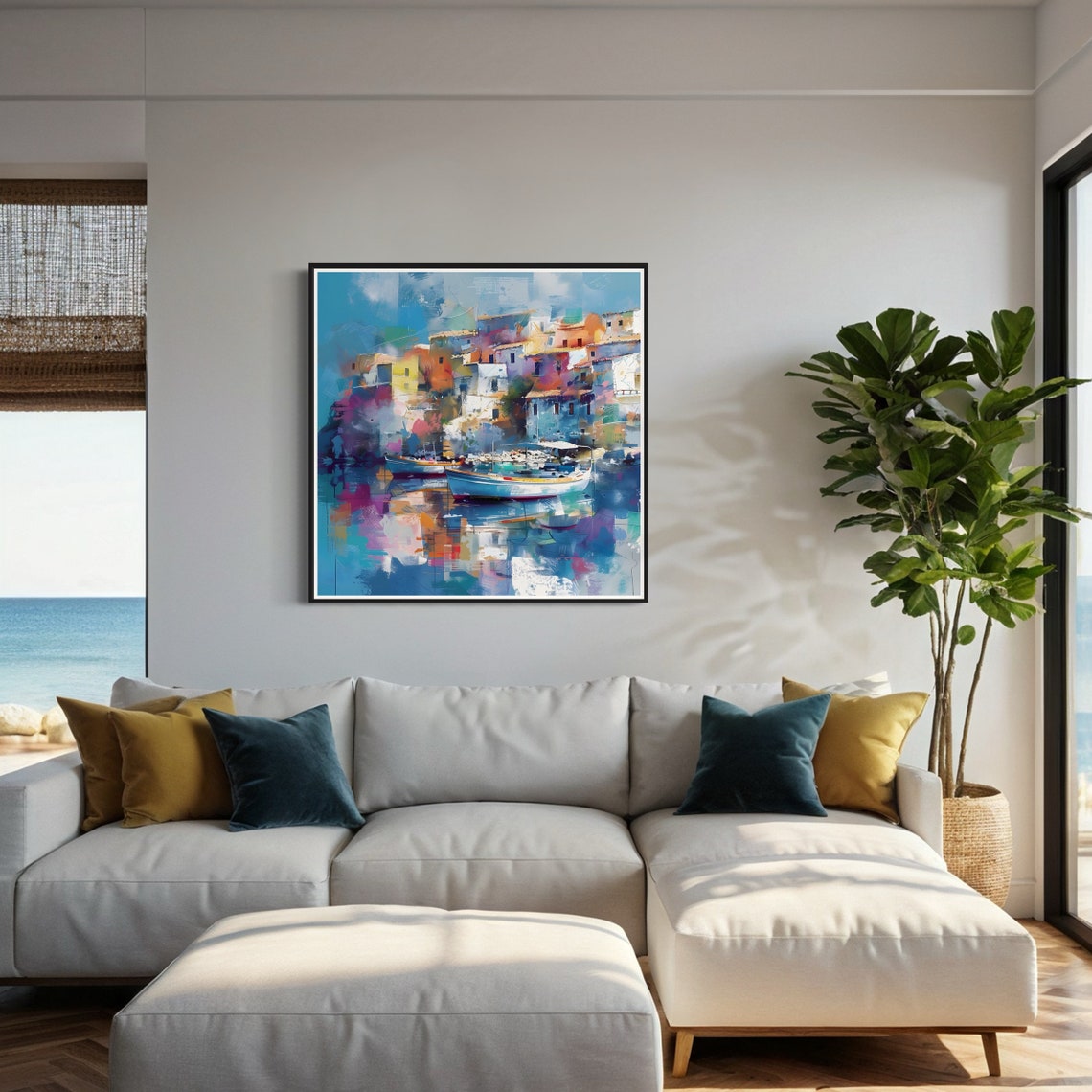 Colorful Mediterranean Harbor Town Boats Blue Water Abstract Poster - Image 4