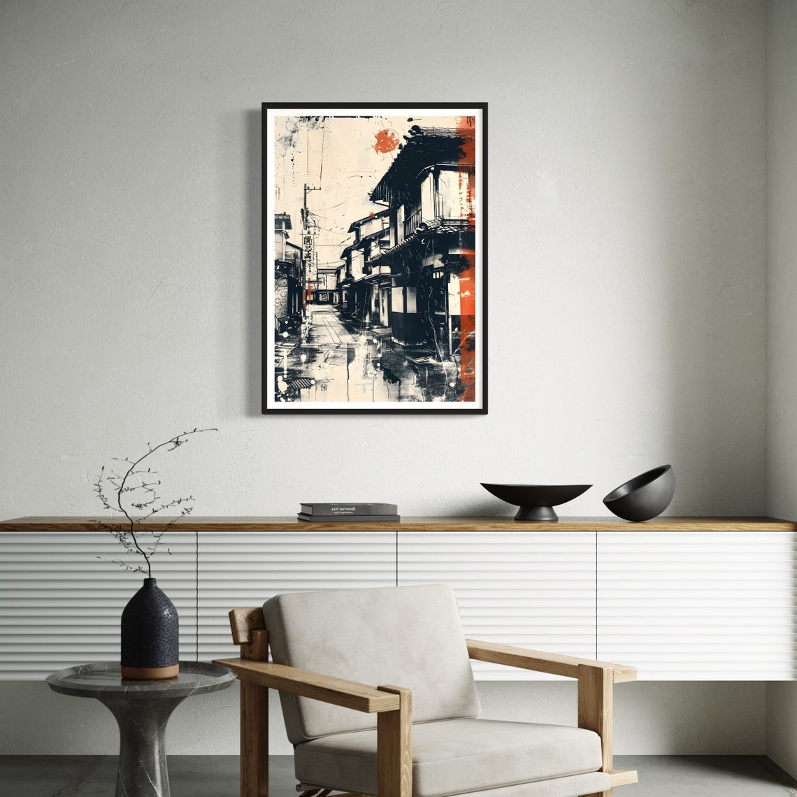 Streets Of Japan Art Print Abstract Monochrome Ink Style Drawing Splash Of Red Urban Cityscape Wall Decor Contemporary Japanese Painting - Image 4