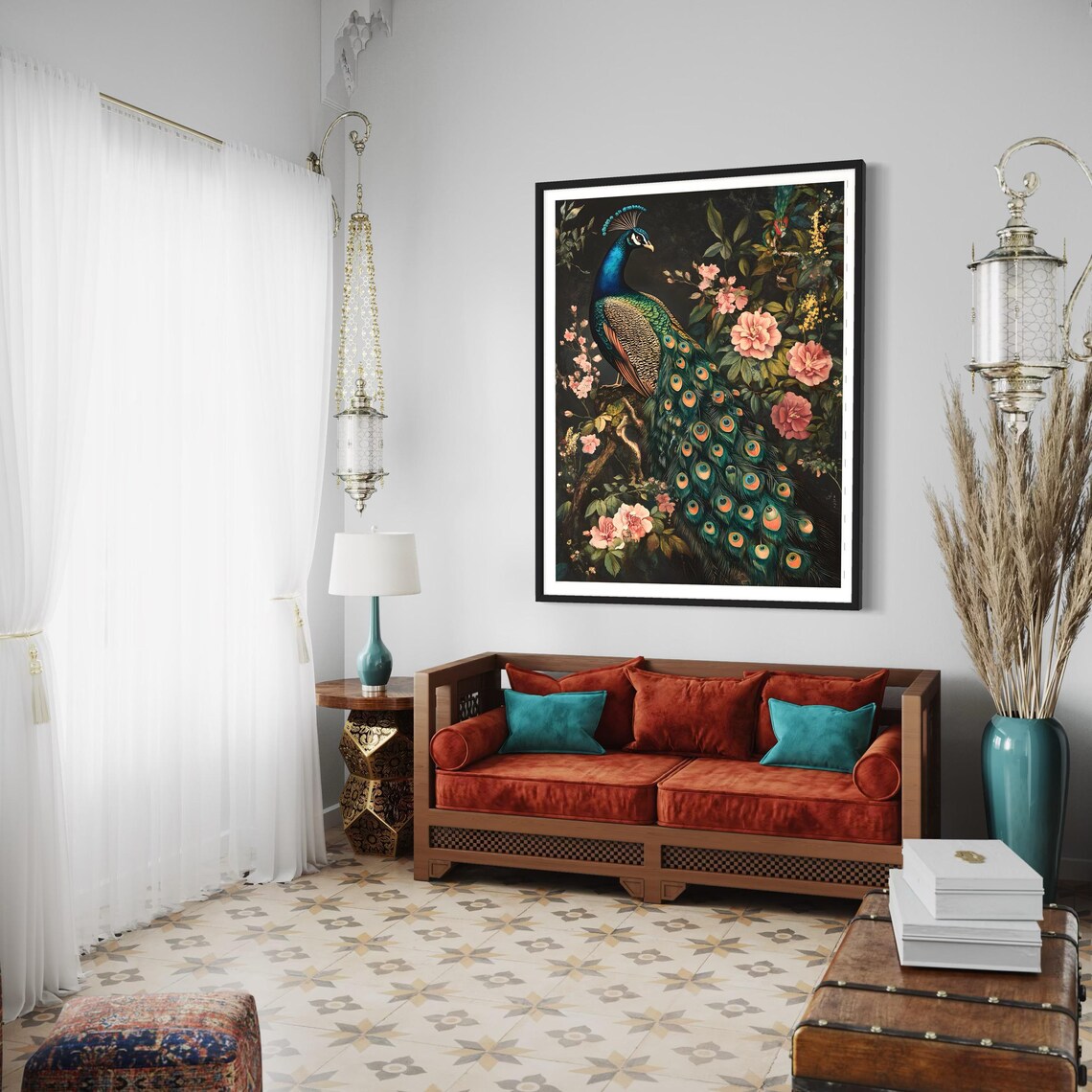 Peacock Tail Feathers Pink Flowers Dark Vintage Bird Portrait Poster - Image 3