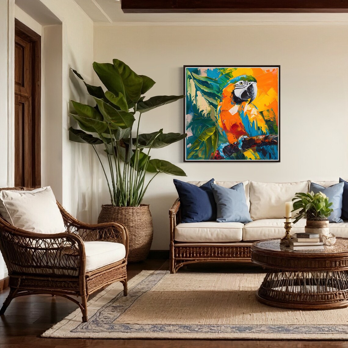 Blue Gold Macaw Impasto Acrylic Bold Tropical Bird Painting Poster - Image 4