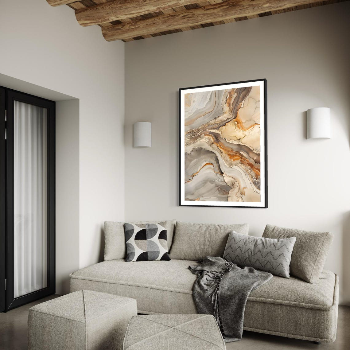 Neutral Beige Gold Abstract Fluid Ink Marble Modern Art Print - Image 2