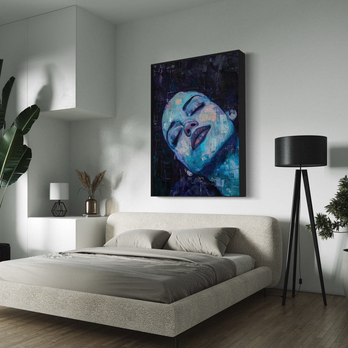 Blue Impasto Woman Portrait Serene Closed Eyes Dramatic Art Print - Image 2