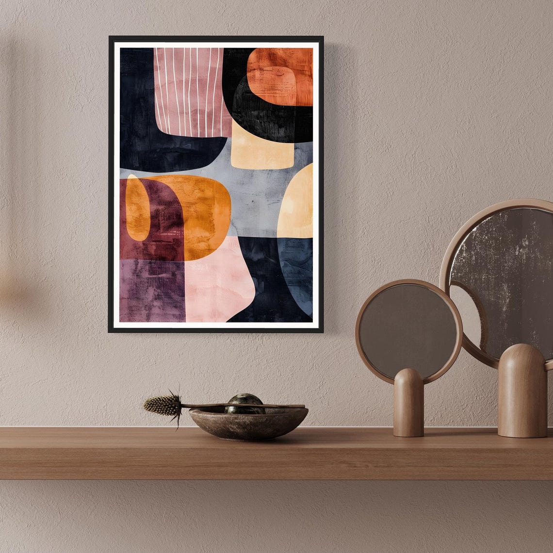 Pastel Geometric Abstract Bold Black Ochre Pink Shapes Wall Art Print - Image 2
