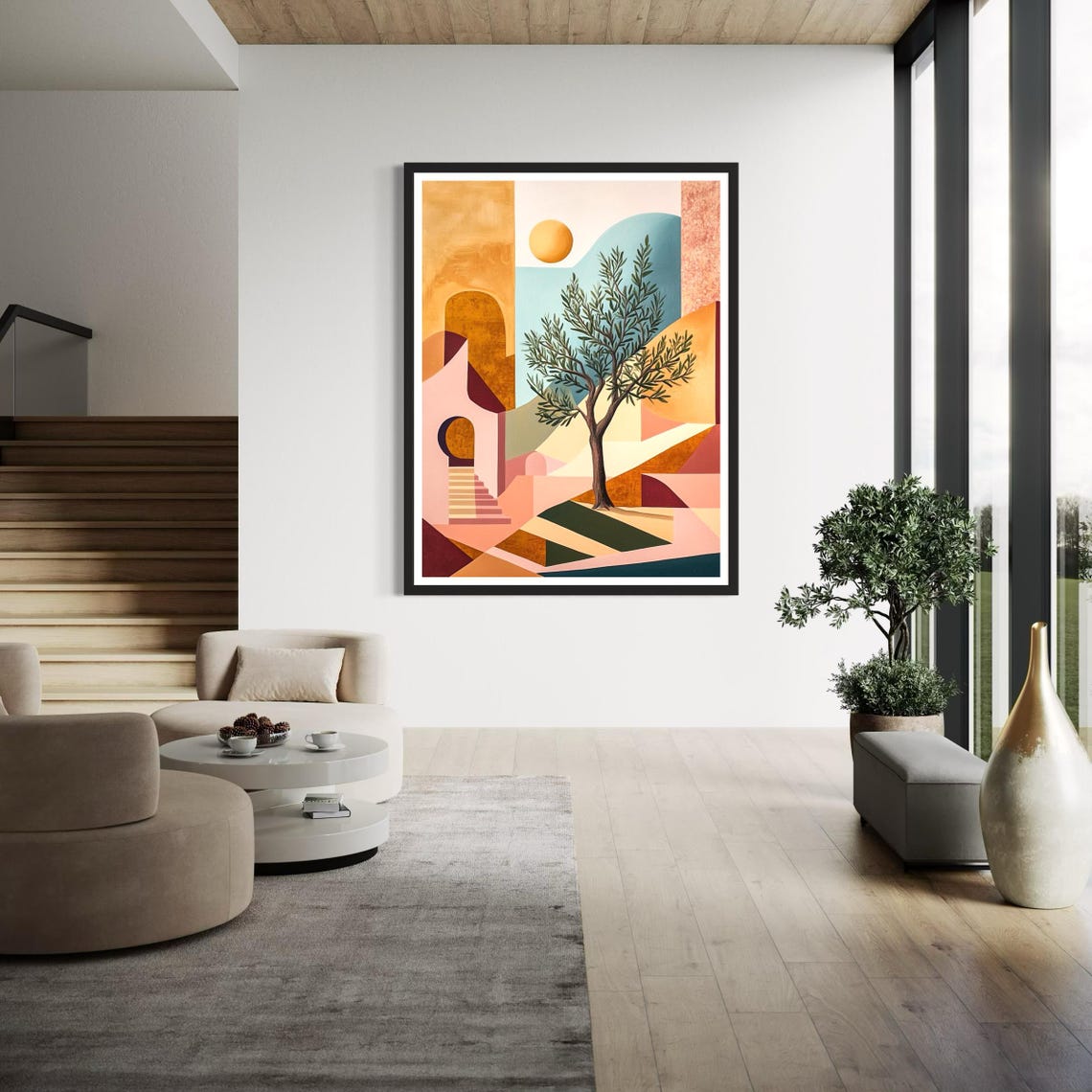 Olive Tree Art Print Modern Minimalist Kitchen Wall Decor Geometric Shapes Abstract Artwork Mediterranean Architecture Painting Gift - Image 4