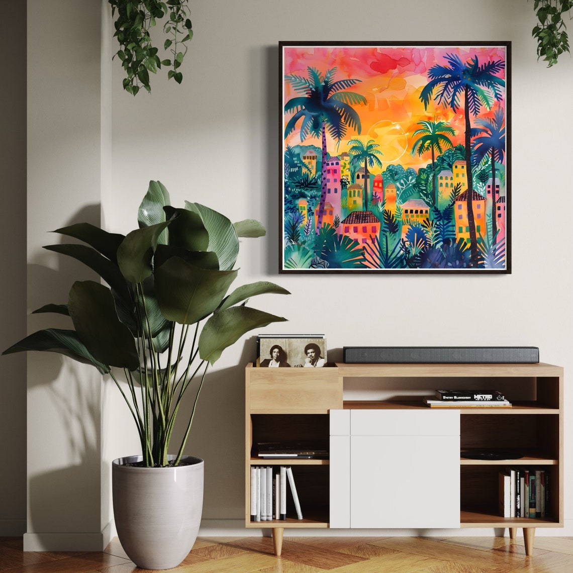 Tropical Village Sunset Palm Trees Vibrant Watercolor Island Poster - Image 2