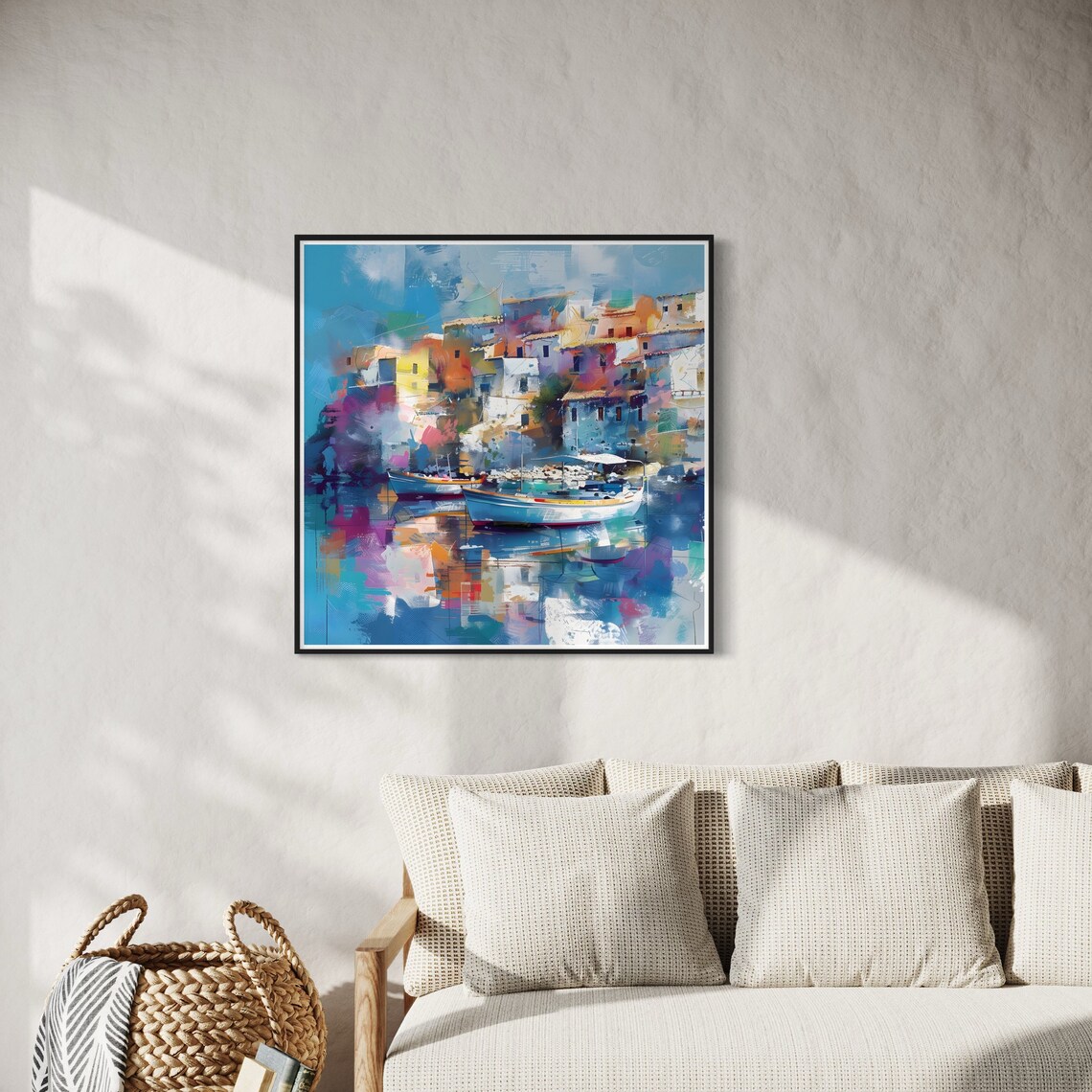 Colorful Mediterranean Harbor Town Boats Blue Water Abstract Poster - Image 2