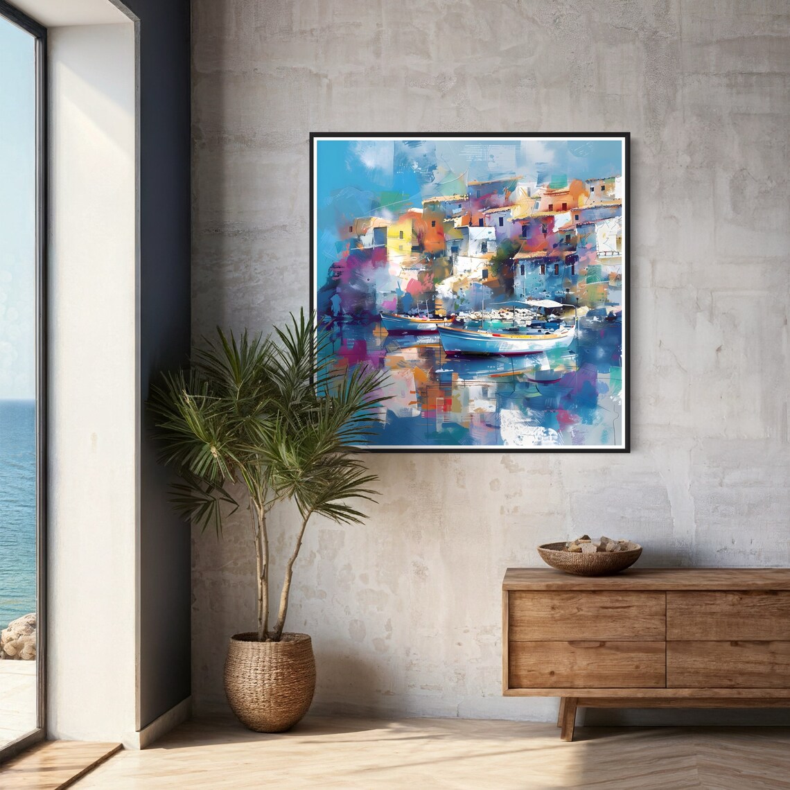 Colorful Mediterranean Harbor Town Boats Blue Water Abstract Poster - Image 3