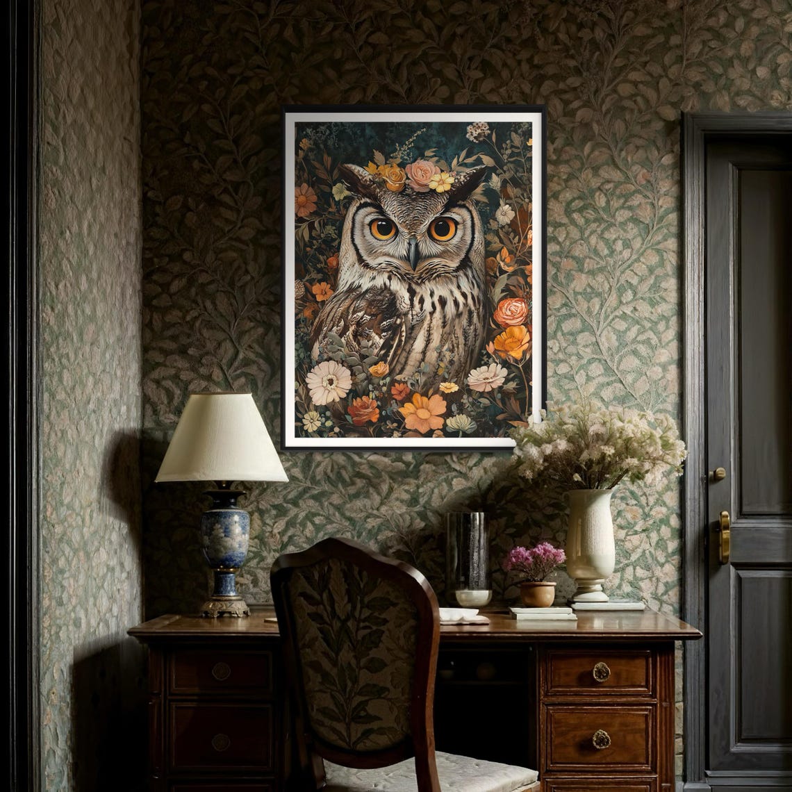 Great Horned Owl Flower Crown Autumn Floral Dark Vintage Poster - Image 3