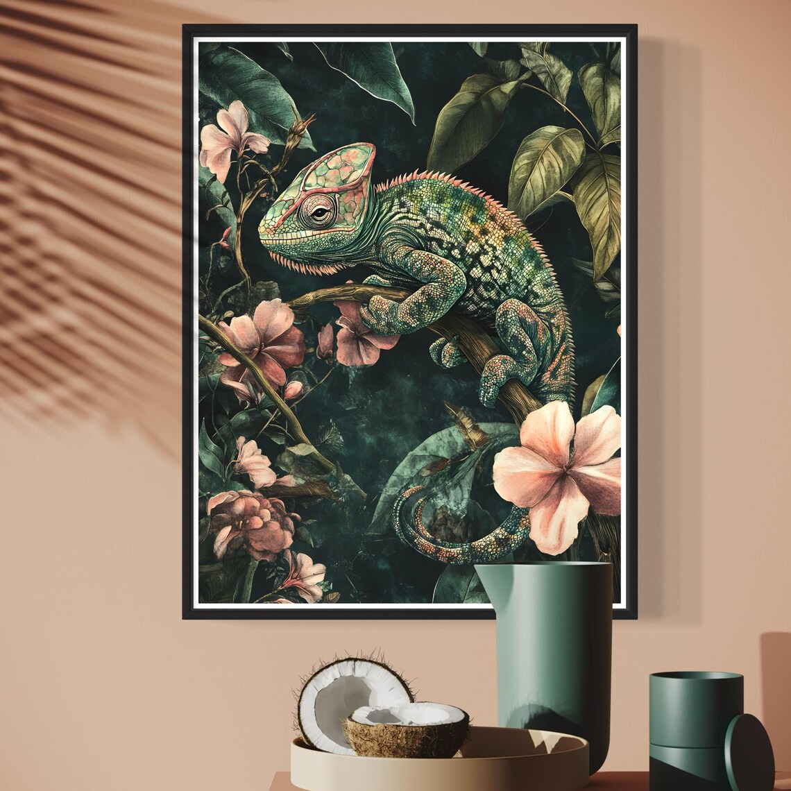 Chameleon Tropical Jungle Branch Pink Floral Vintage Wildlife Poster - Image 3