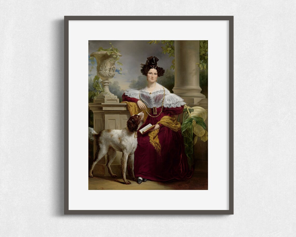 Antique Oil Painting Of Woman With Her Dog Vintage Portrait Art - Image 2