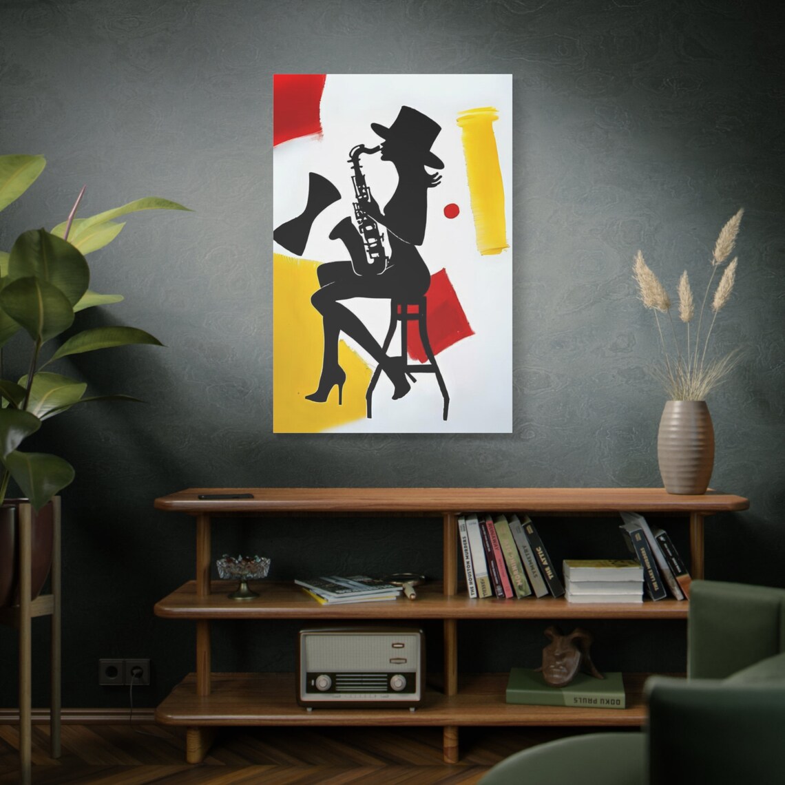 Black Silhouette Woman Saxophone Player Red Yellow Abstract Jazz Art Poster - Image 2