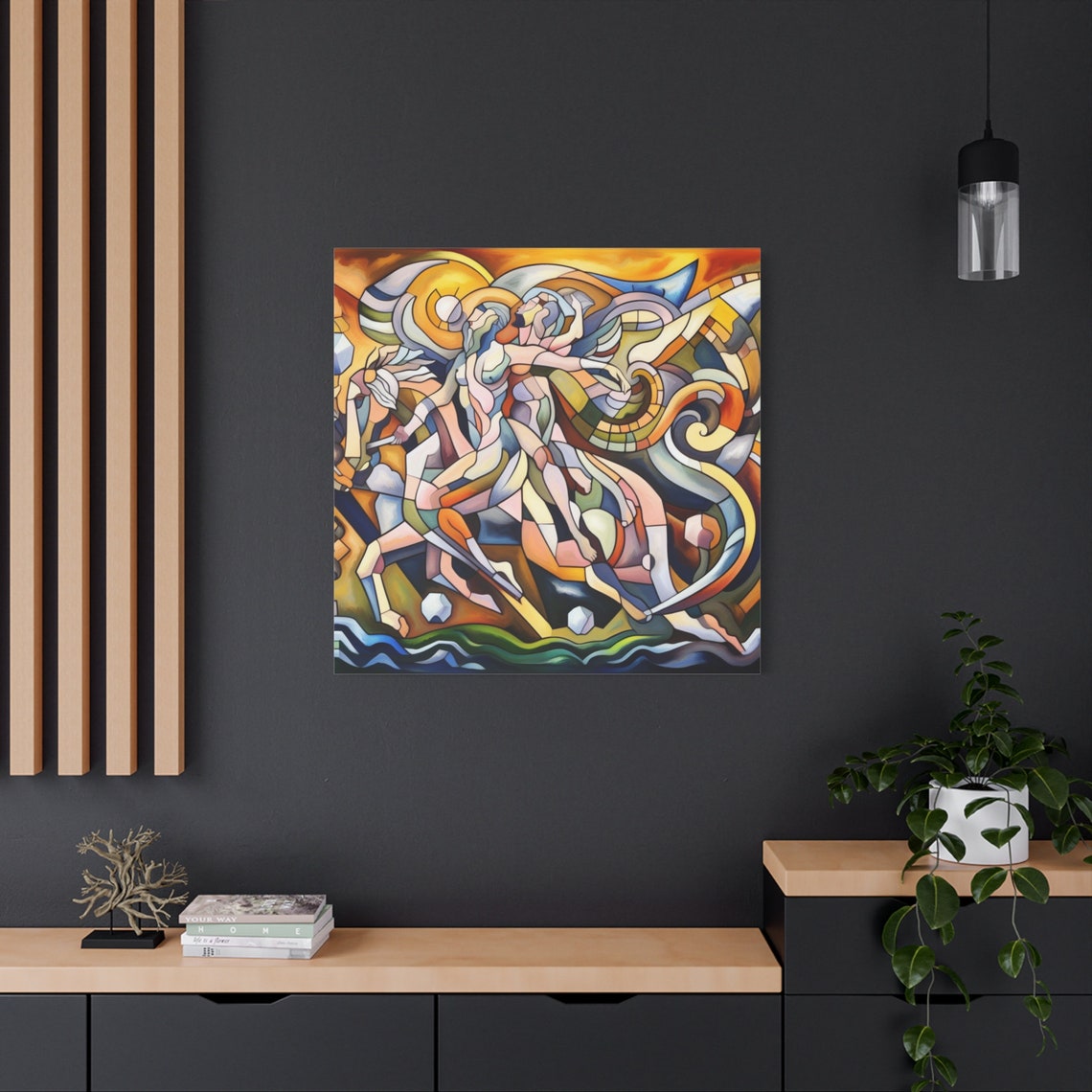 Cubist Mythological Horse Angel Figures Fiery Gold Orange Art Poster - Image 4