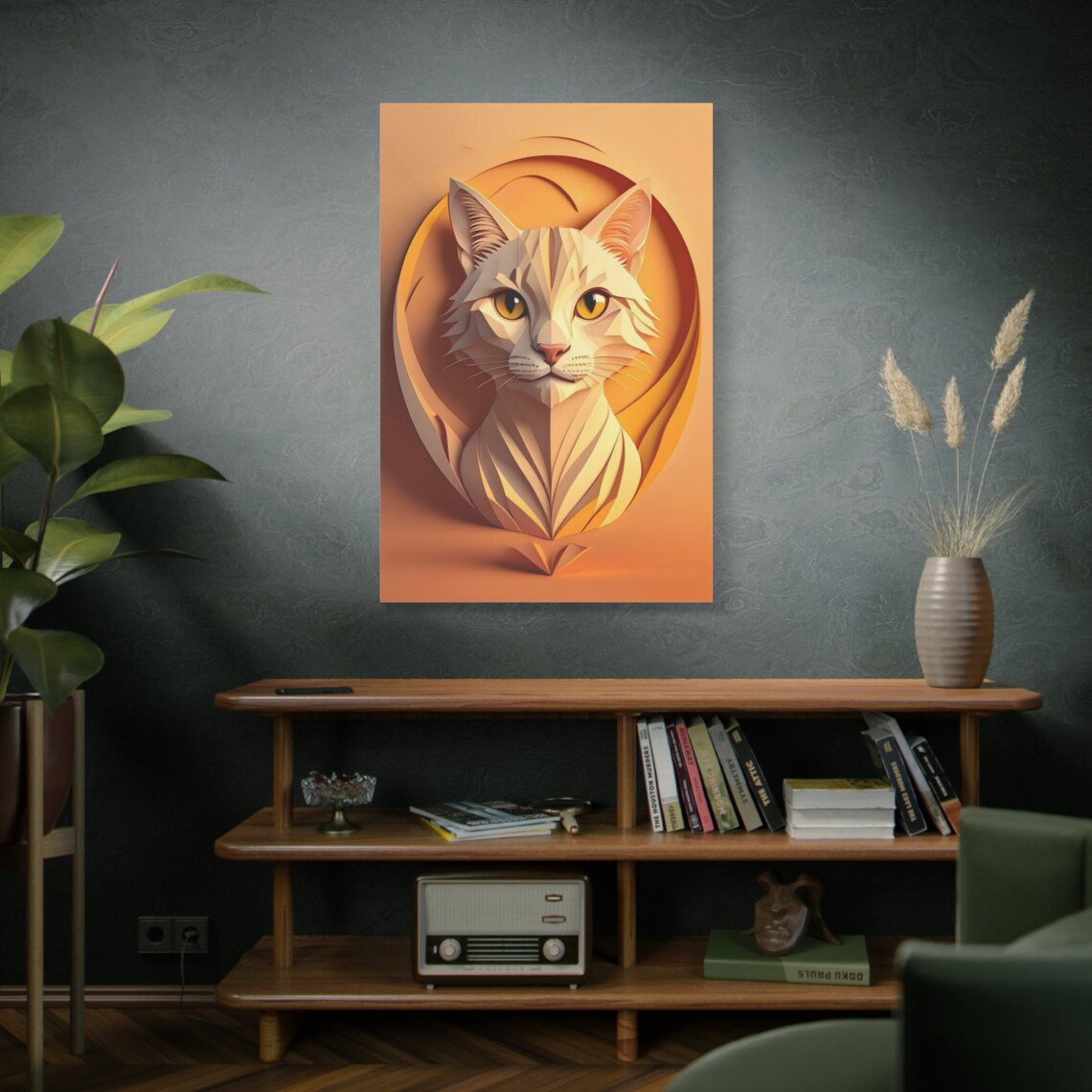 Geometric Cream Cat Portrait Low Poly Orange Paper Cut Art Poster - Image 3