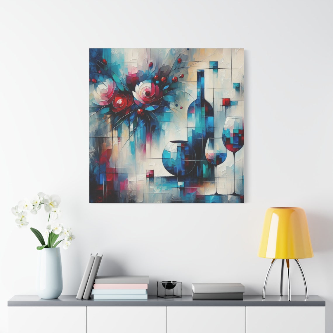 Abstract Wine Bottle Roses Teal Geometric Modern Floral Art Poster - Image 2