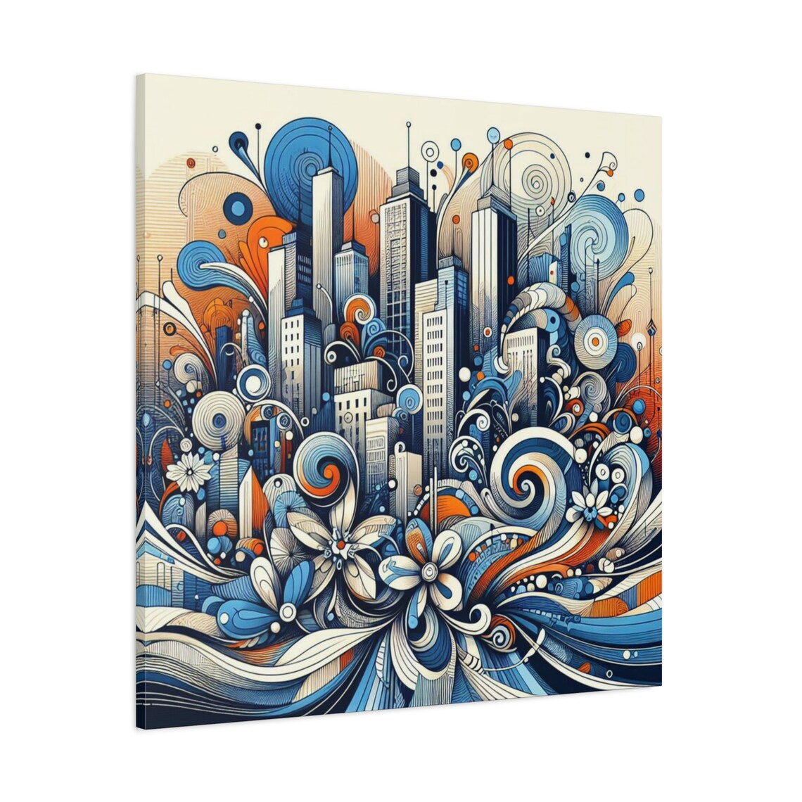 Floral Skyscraper City Swirls Blue Orange Urban Wall Art Poster - Image 3