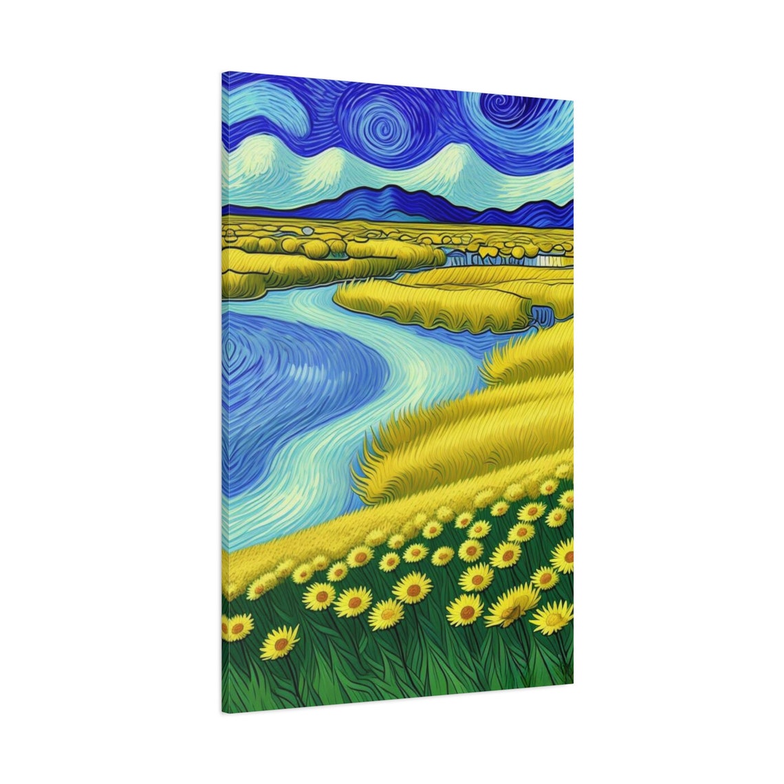 Van Gogh Style Sunflower Field River Swirling Blue Sky Art Poster - Image 3