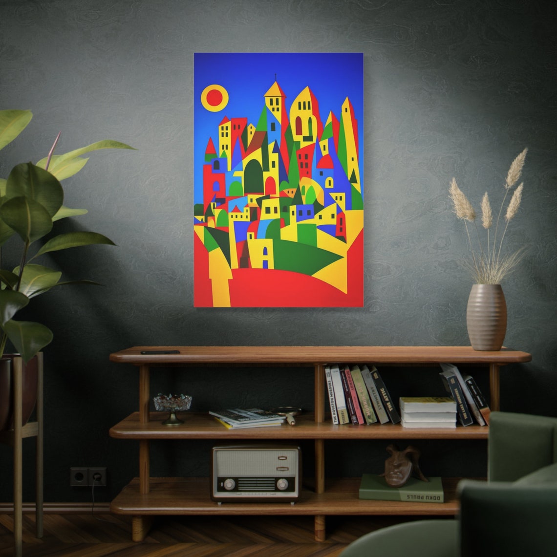 Colorful Geometric Abstract City Buildings Red Sun Art Wall Poster - Image 4