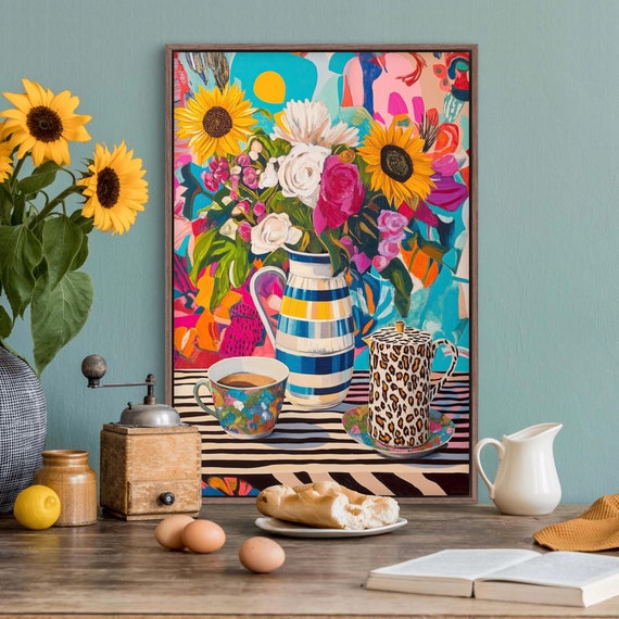 Colorful Floral Still Life Print Bold Flower Bouquet In Blue Striped Vase With Eclectic Teapot Maximalist Boho Art For Kitchen