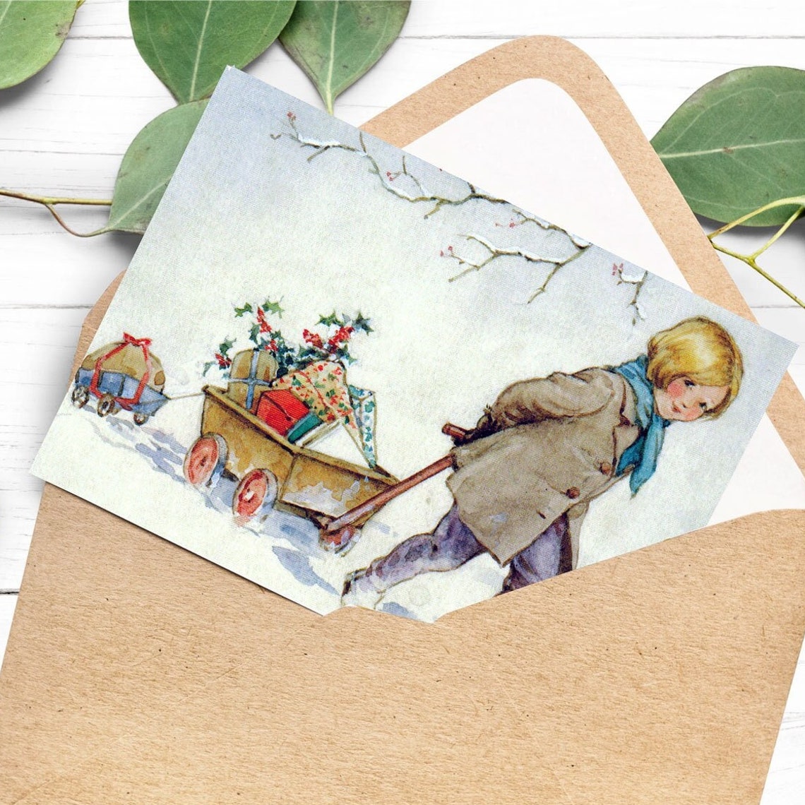 Vintage Christmas Card Art Boy Pulling Gift Wagon Snowy Night Poster - Image 3