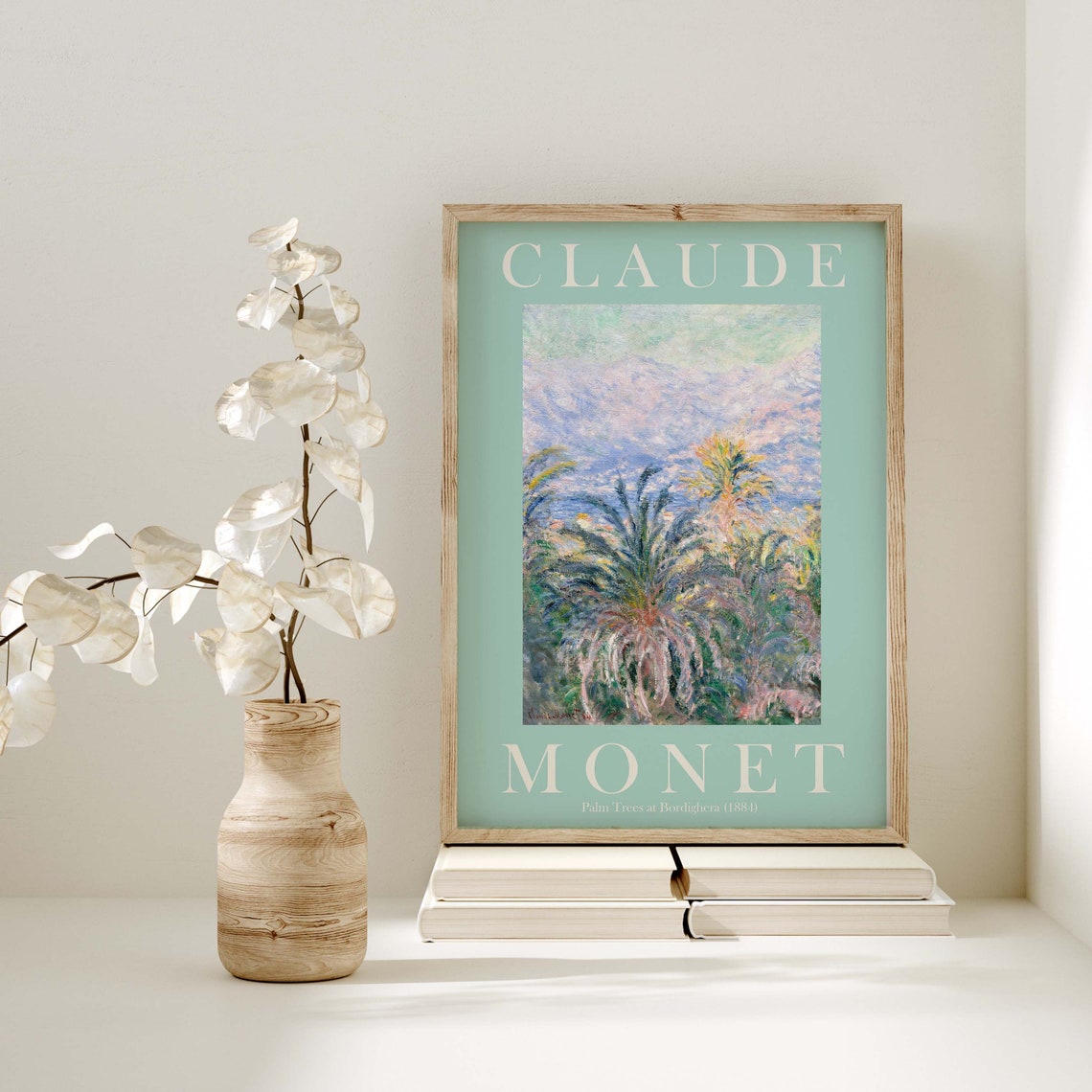 Claude Monet Palm Trees at Bordighera 1884 Sage Green Border Poster - Image 3