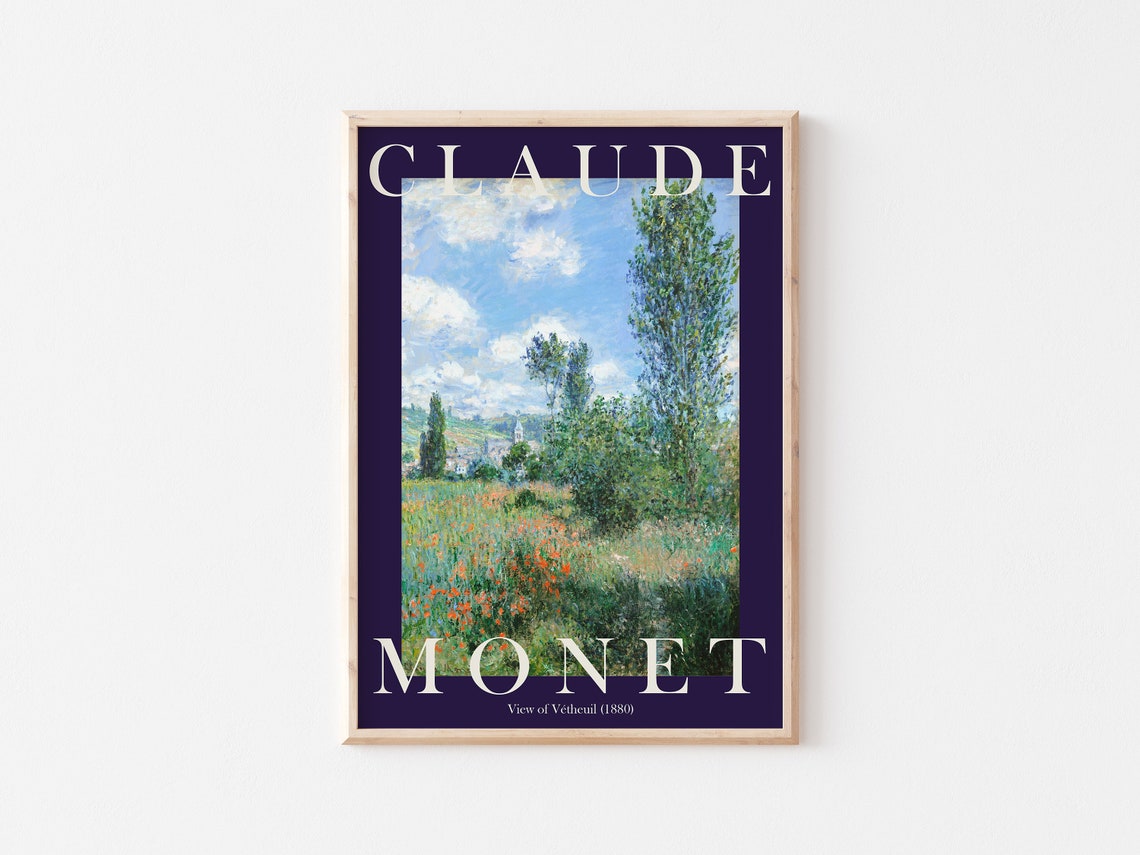 Claude Monet View of Vetheuil 1880 Poppy Field Navy Border Poster - Image 3