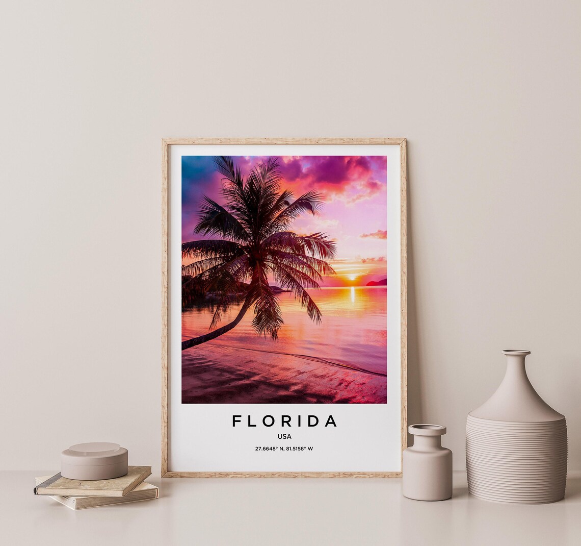 Florida Palm Tree Magenta Sunset Over Ocean Horizon Photo Poster - Image 2