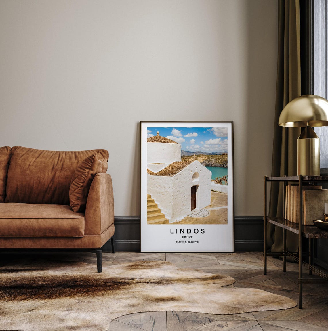 Lindos Greece Whitewashed Chapel Overlooking Turquoise Bay Poster - Image 3