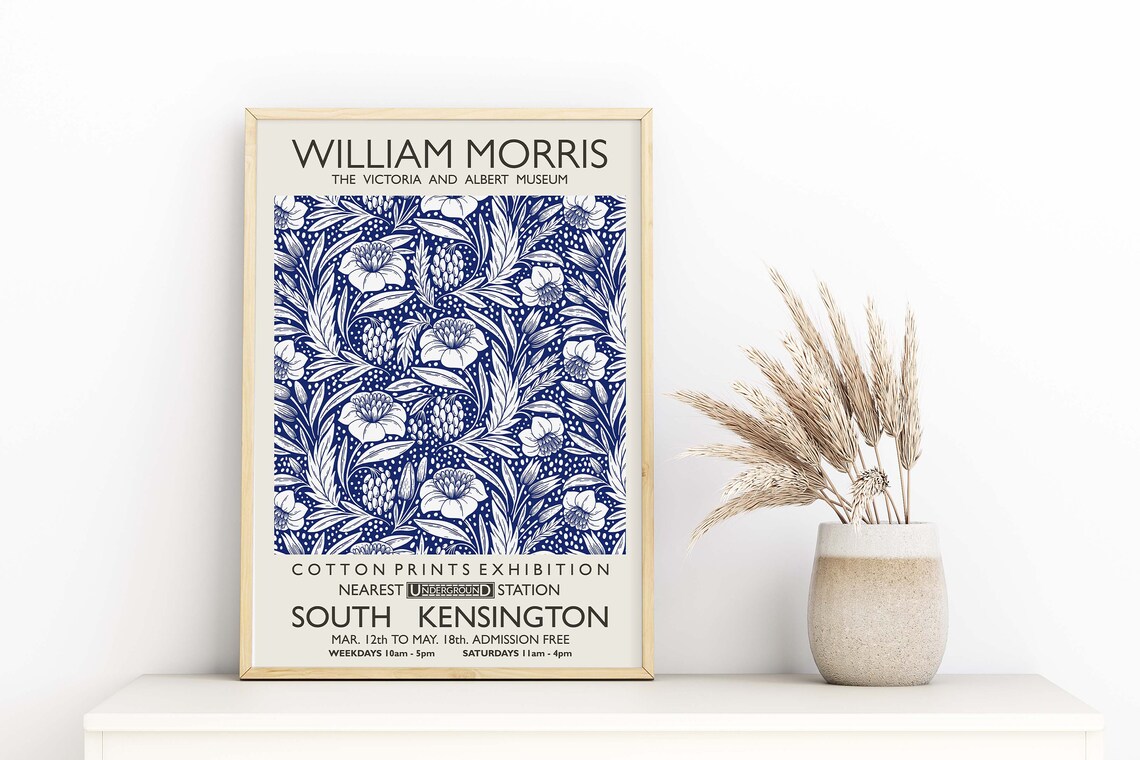 William Morris Cotton Prints Exhibition Blue Floral Art Poster - Image 2