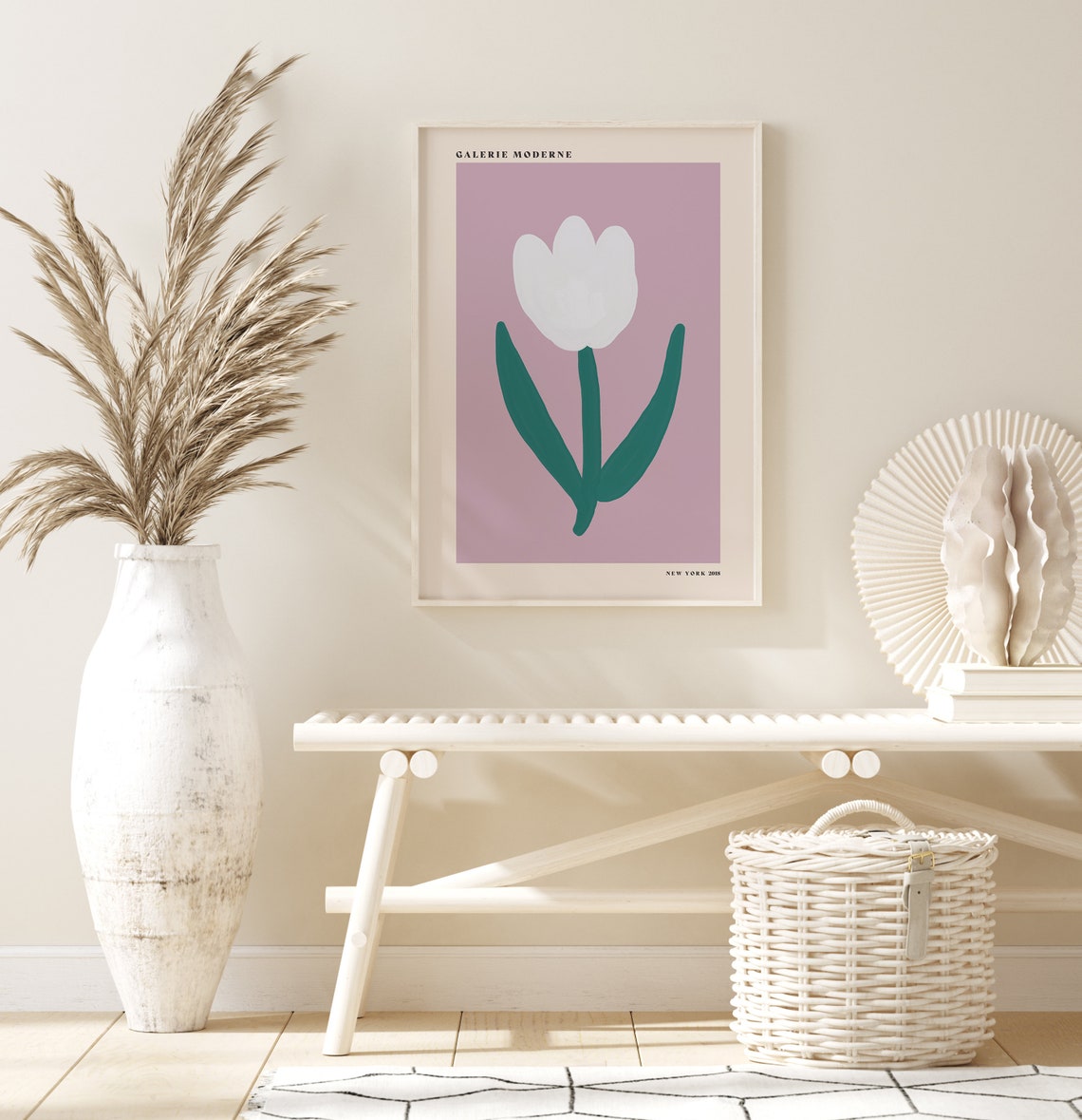 Galerie Moderne White Tulip on Mauve Minimalist Floral Art Poster - Image 3