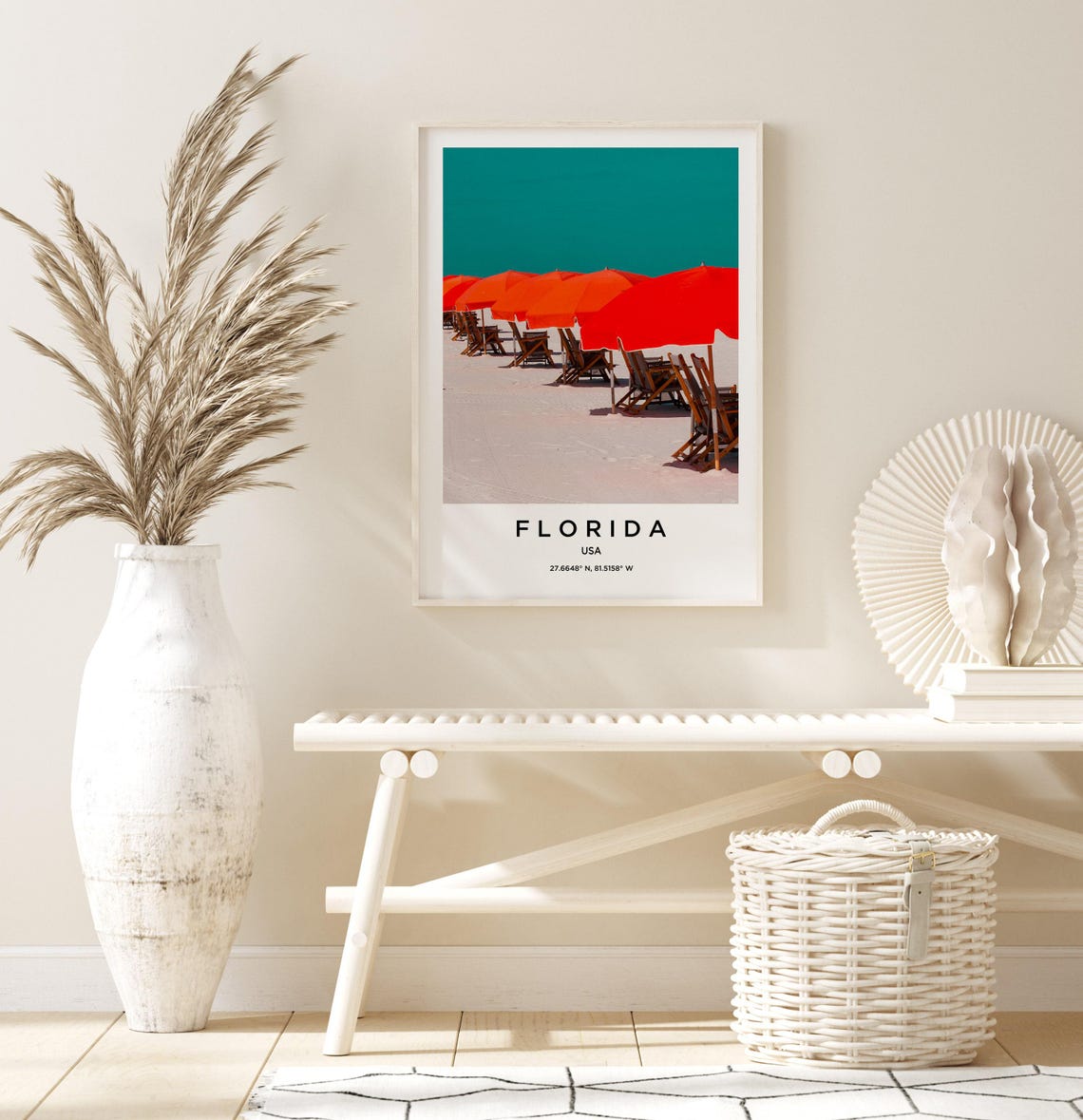 Florida USA Bright Red Beach Umbrellas Lined on White Sand Poster - Image 3