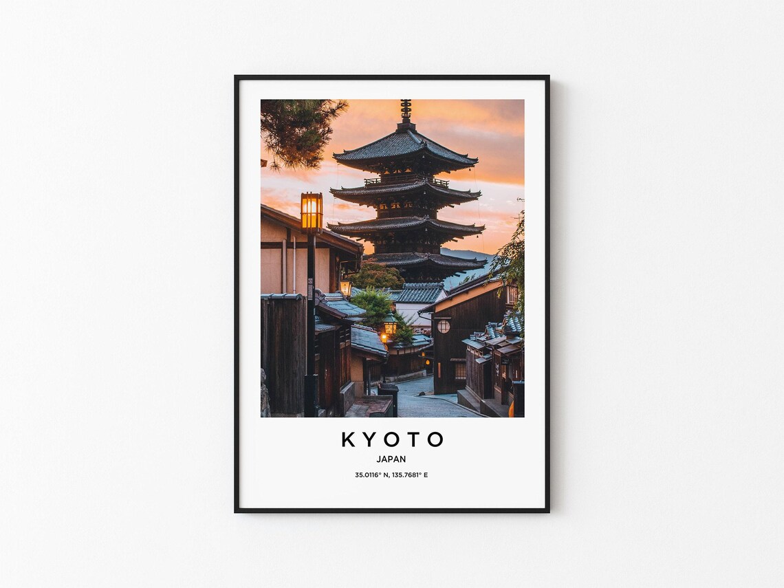 Kyoto Japan Five Story Pagoda Sunset Old Town Street Travel Poster