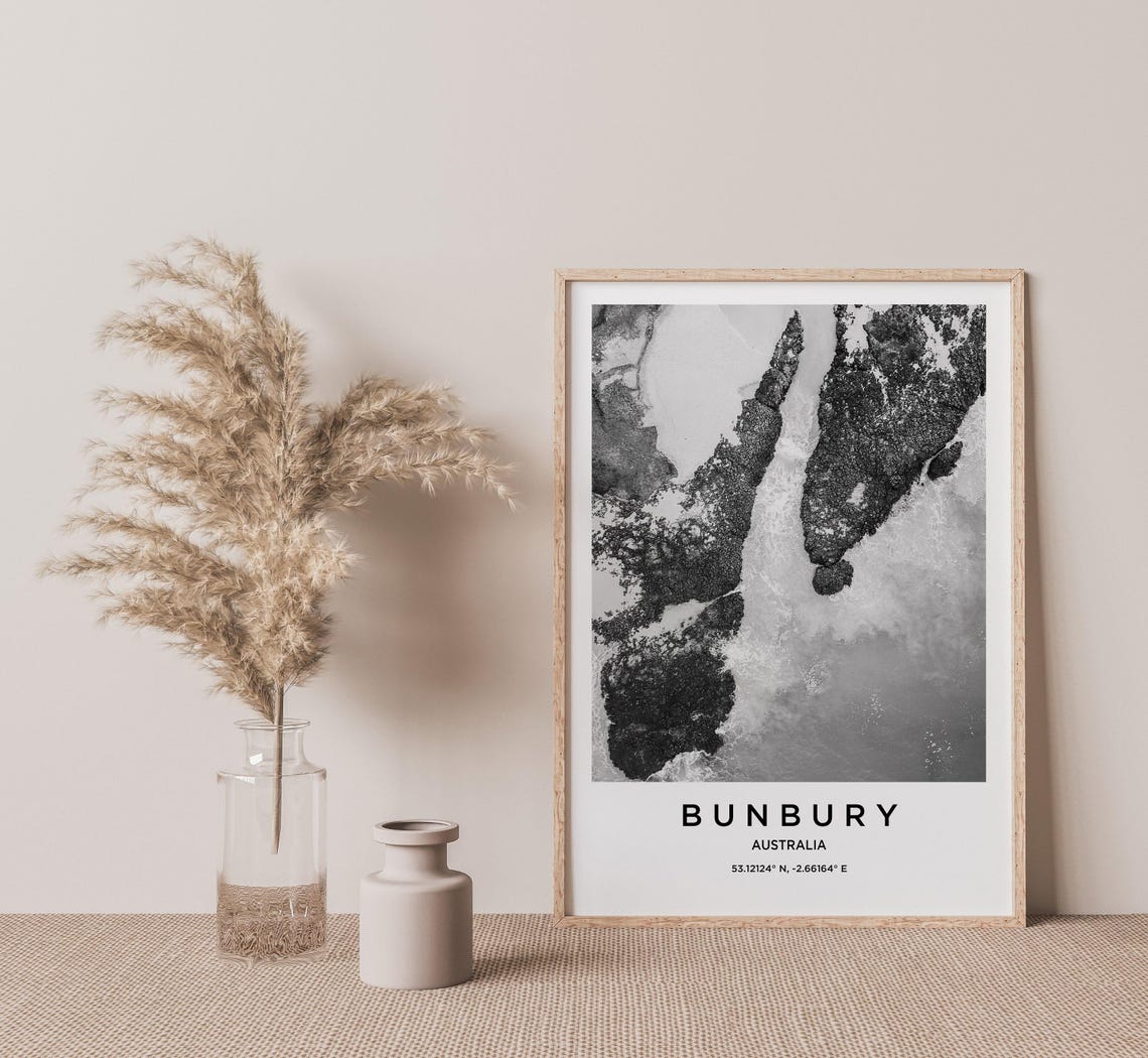 Bunbury Australia Aerial Rocky Coastline Black White Ocean Poster - Image 2