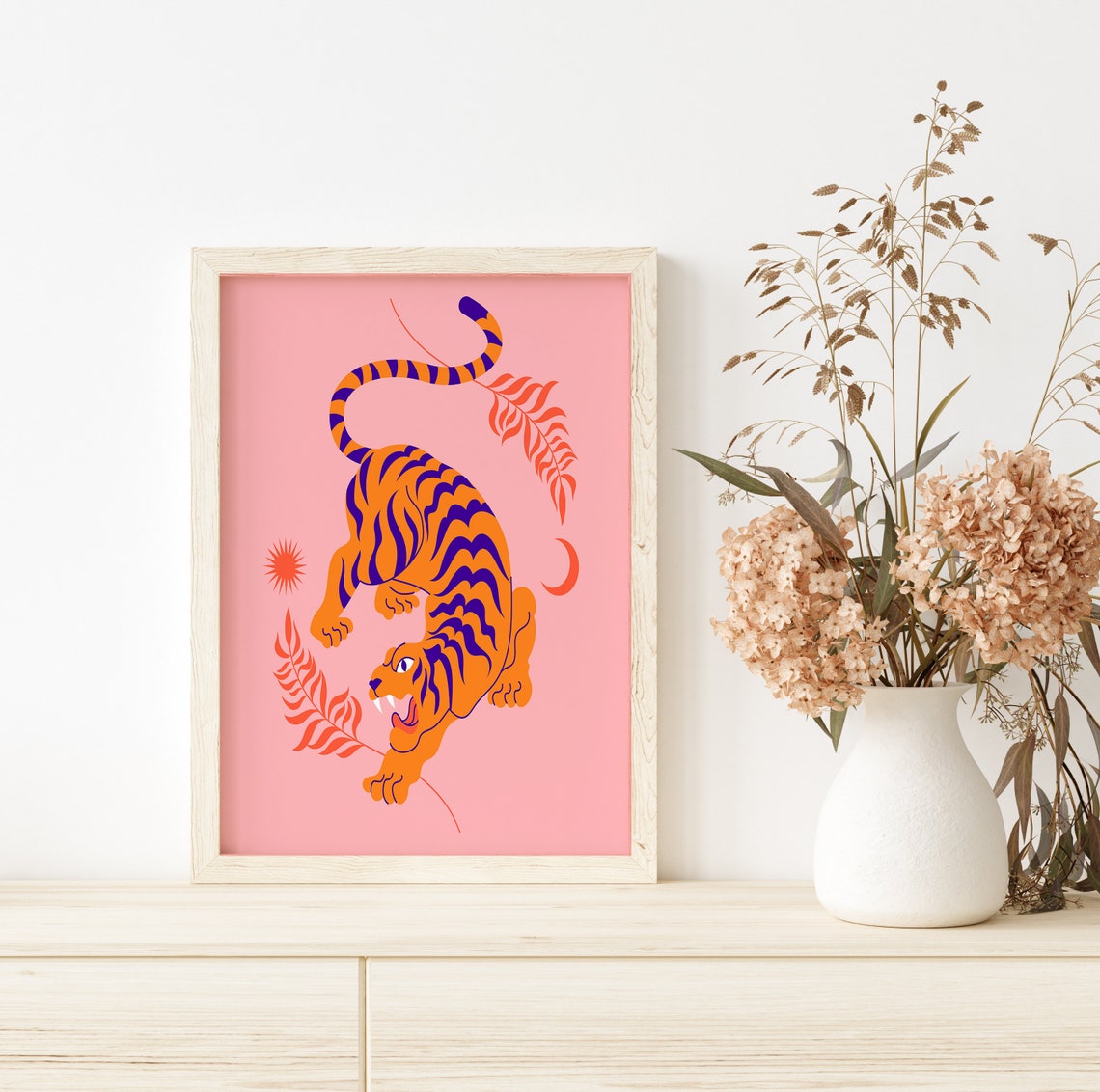 Orange Tiger Folk Art Illustration Pink Background Wall Print - Image 3