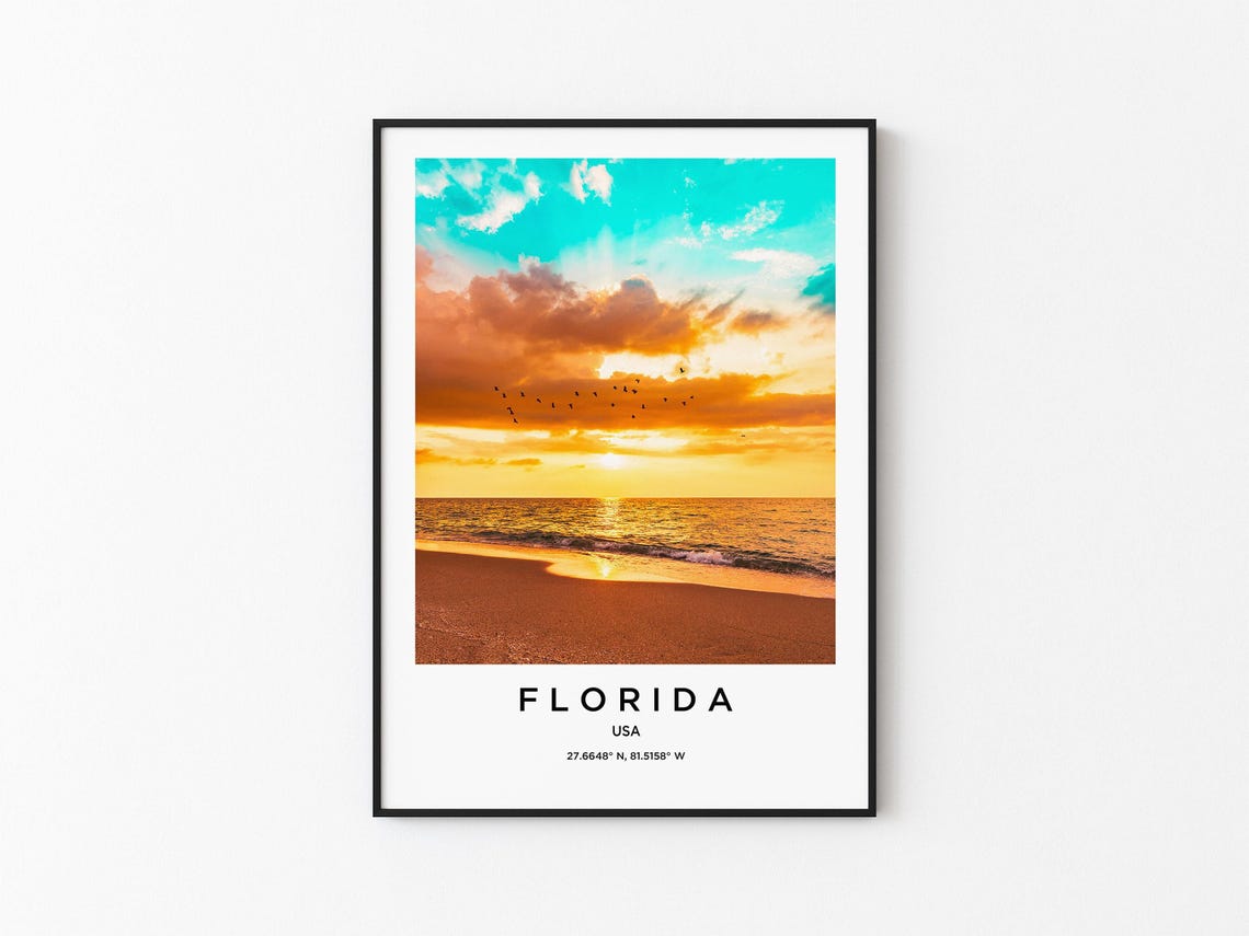 Florida USA Golden Sunset Beach and Birds Over the Ocean Poster