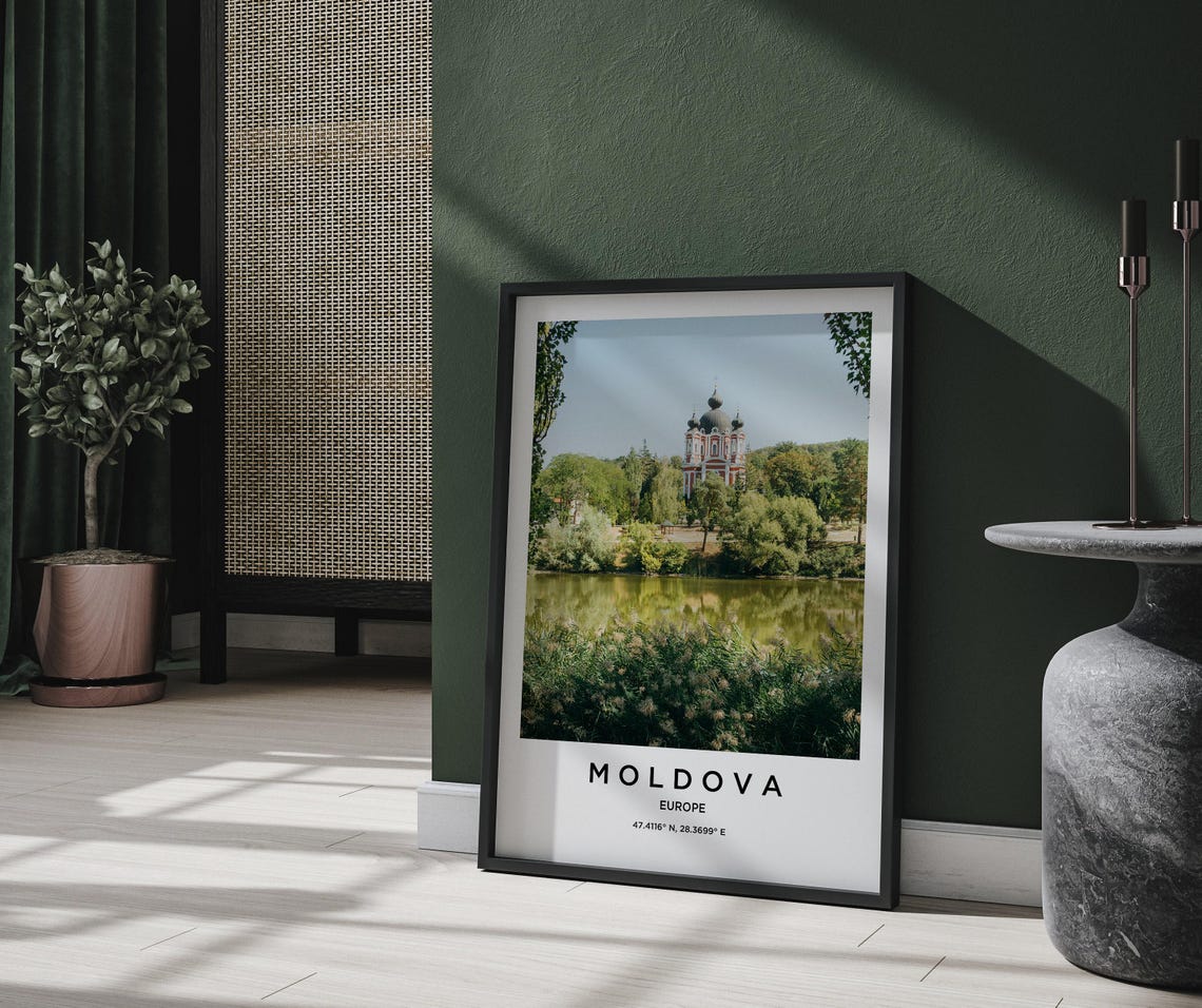 Moldova Orthodox Church Domes Reflected Lake Greenery Poster - Image 2