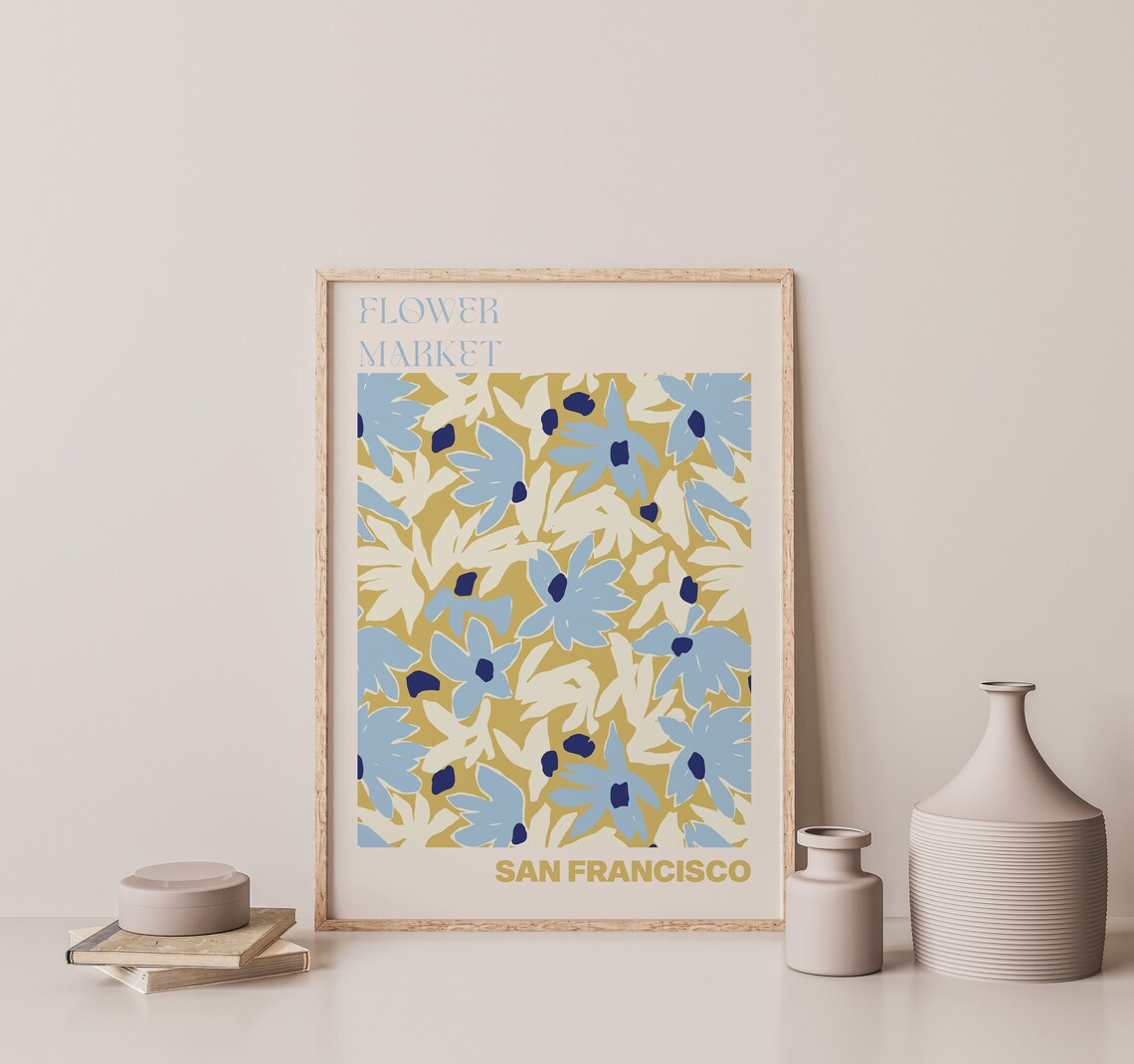 San Francisco Flower Market Blue Gold Floral Pattern Art Poster - Image 3