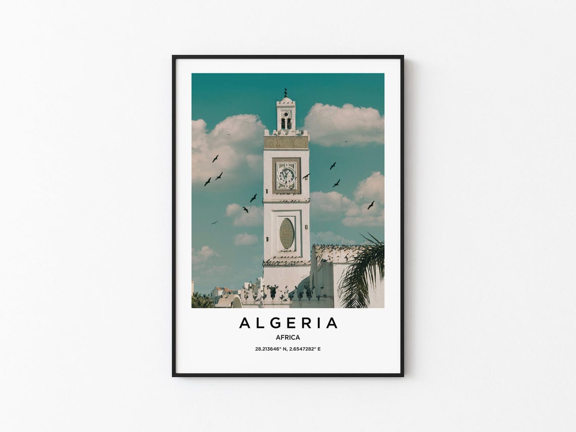 Algeria Africa Historic White Clock Tower Birds Travel Poster