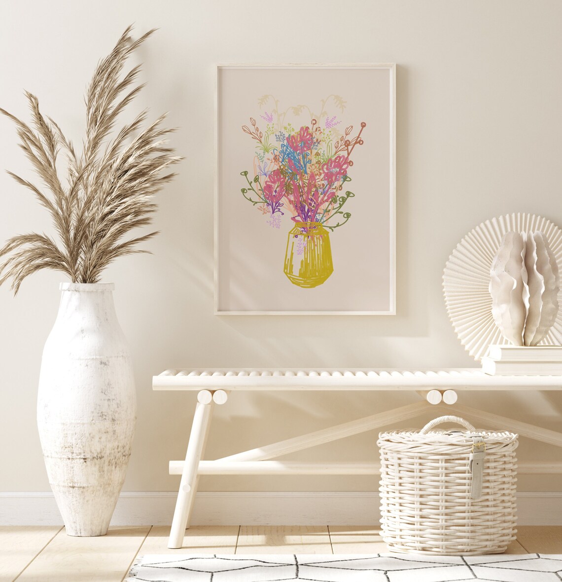 Vibrant Wildflower Bouquet Yellow Vase Beige Floral Art Poster - Image 2