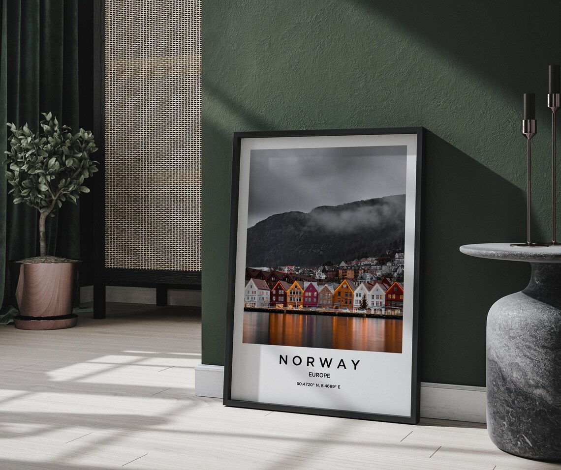 Norway Bergen Colorful Harbor Houses Fjord Mountains Travel Poster - Image 2