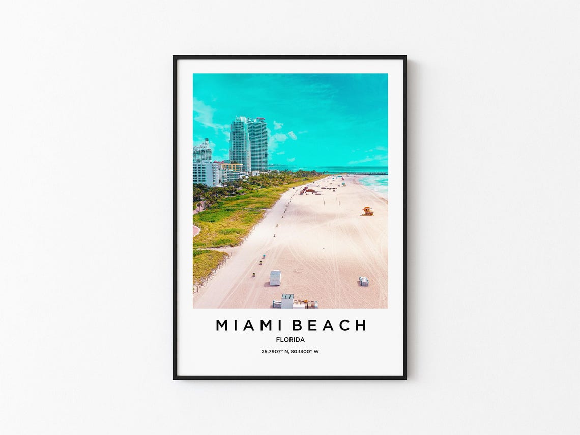Miami Beach Florida Aerial Long White Sand Beach Travel Poster